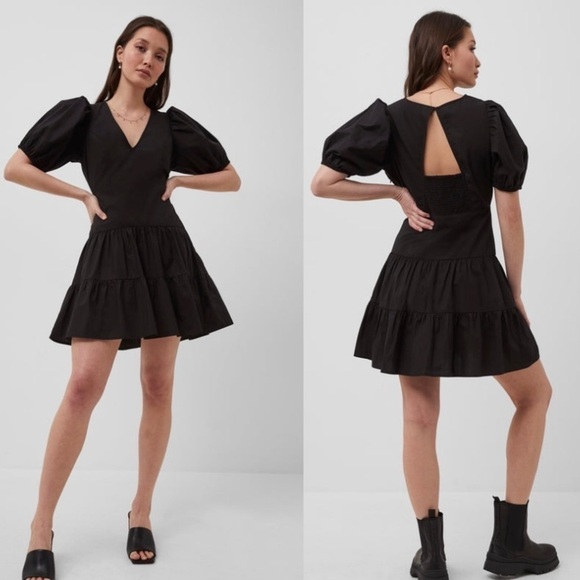French Connection NWT BIRCH POPLIN PUFF SLEEVE MINI DRESS in Black Size 6 - Picture 1 of 15